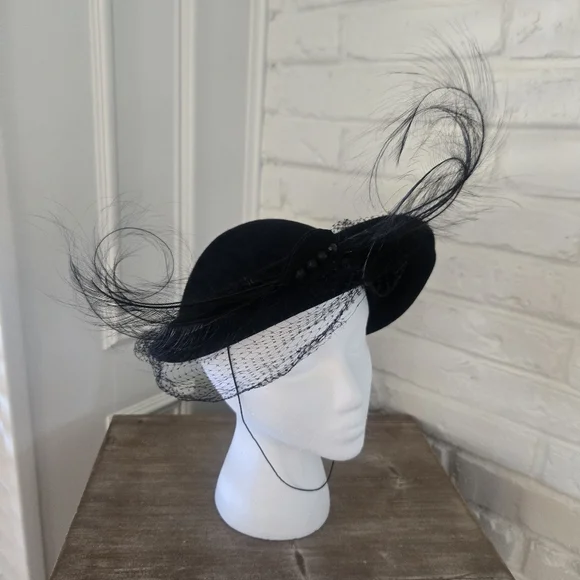 SOLD Vtg 50s Fascinator / Tilt Hat, Coralie, Party, Bead, Ostrich Feather, 7/S - Picture 7 of 11